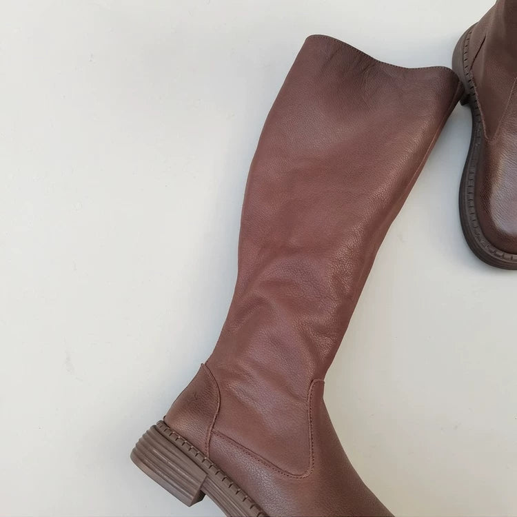 Women's Winter Fleece-lined Wide Toe Box Genuine Leather Knee High Boots British Style Riding Boots