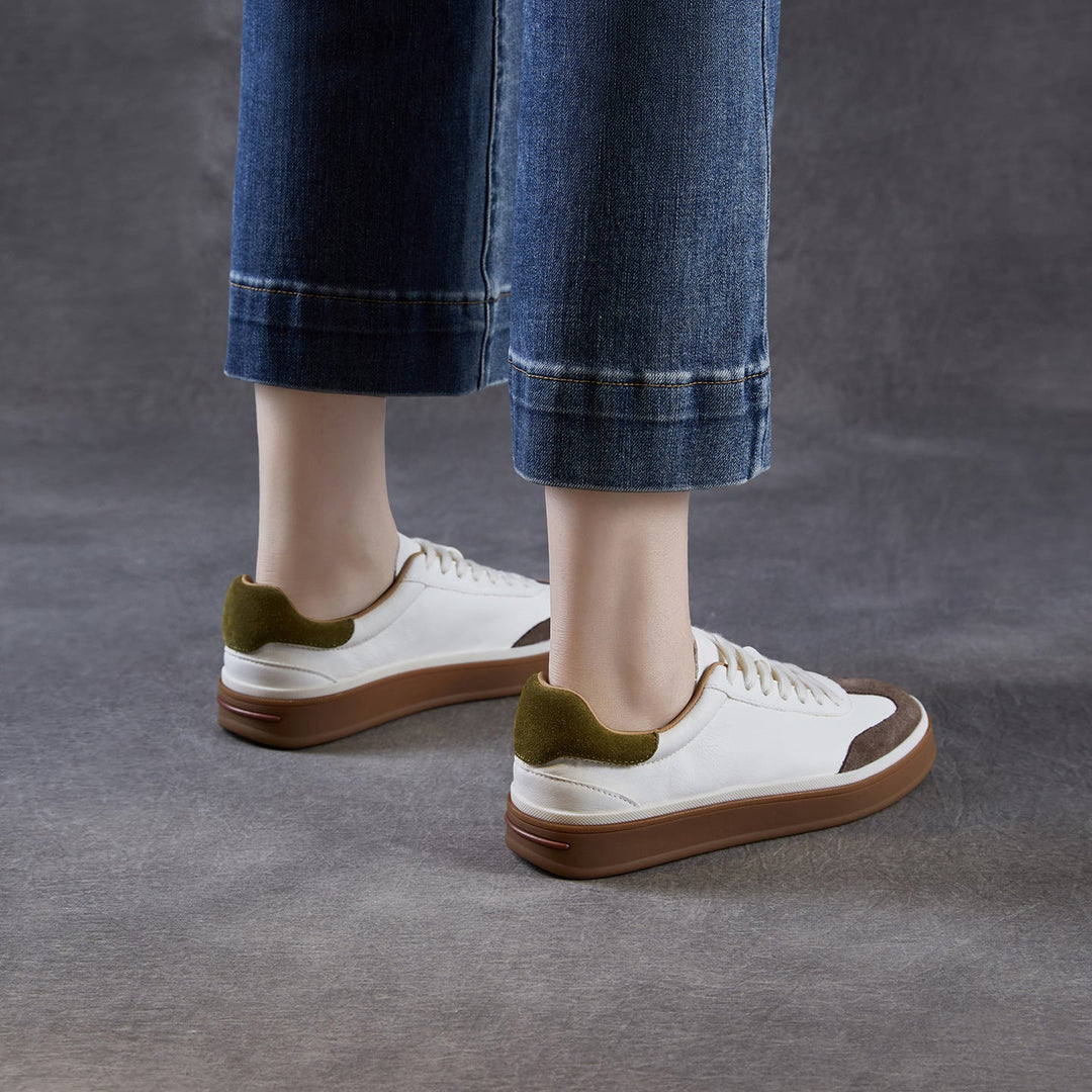 Womens Retro Cowhide Suede Patchwork Sneakers Vintage Round Toe Gum Sole Lace-up Flats