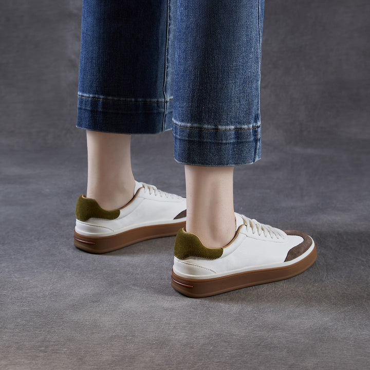 Womens Retro Cowhide Suede Patchwork Sneakers Vintage Round Toe Gum Sole Lace-up Flats