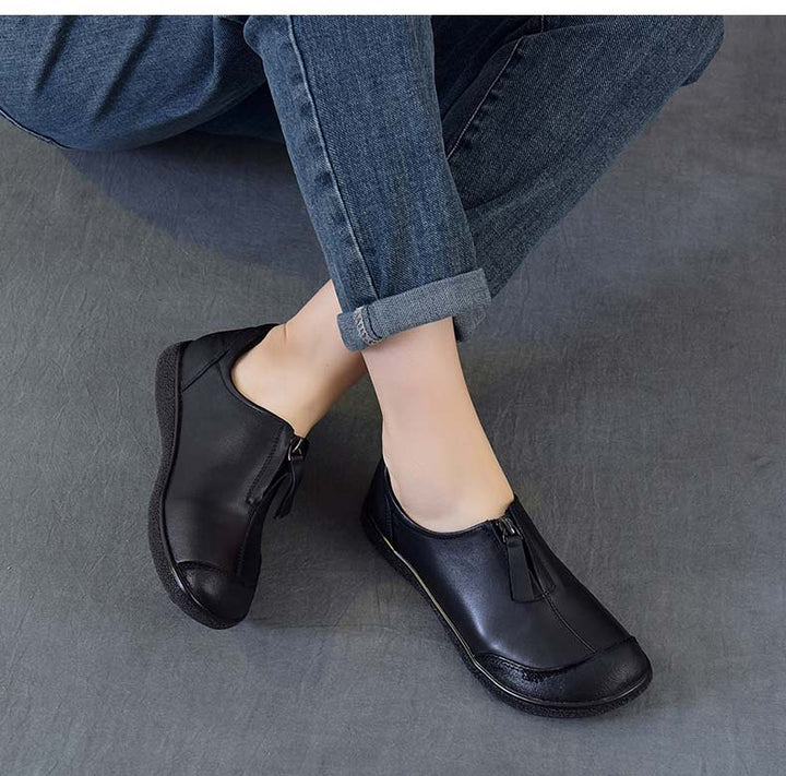 Women's Vintage Leather Slip-On Flats Front Zipper Soft Sole Driving Shoes