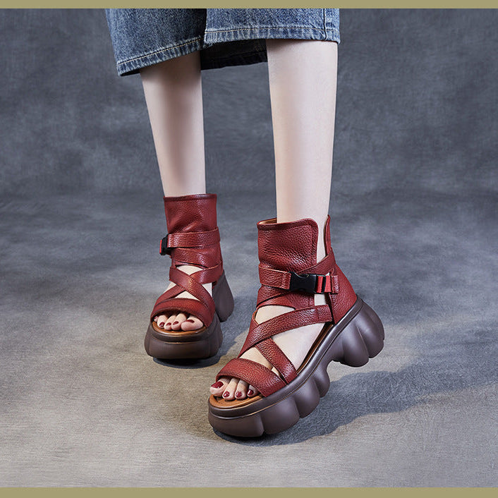 Women's Leather Sandals Boot - Platform Chunky High Heel Gladiator Booties, Elastic Strap Open Toe Summer Shoes