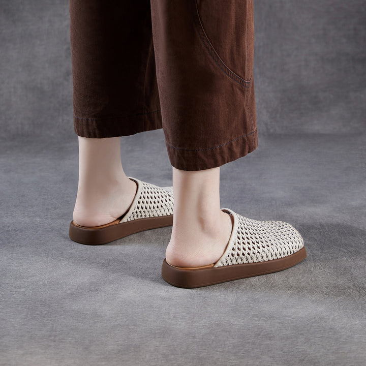Women's Square Toe Woven Mules Genuine Leather Platform Slippers Barefoot-Friendly
