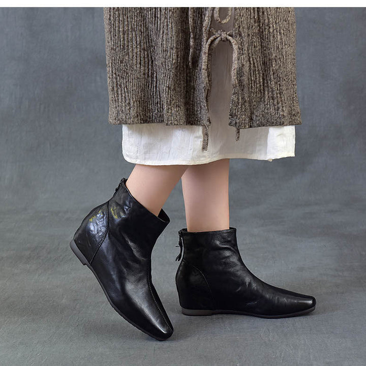 Women's Pointed Toe Top-Grain Leather Wedge Ankle Boots Mid Heel Back Zipper Booties