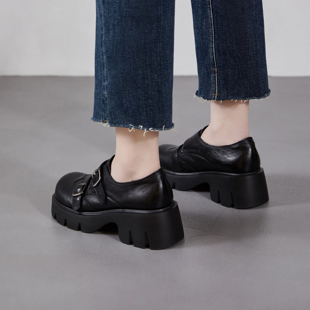 Women’s Retro Round Toe Derby Shoes – British Style Platform Loafers with Buckle