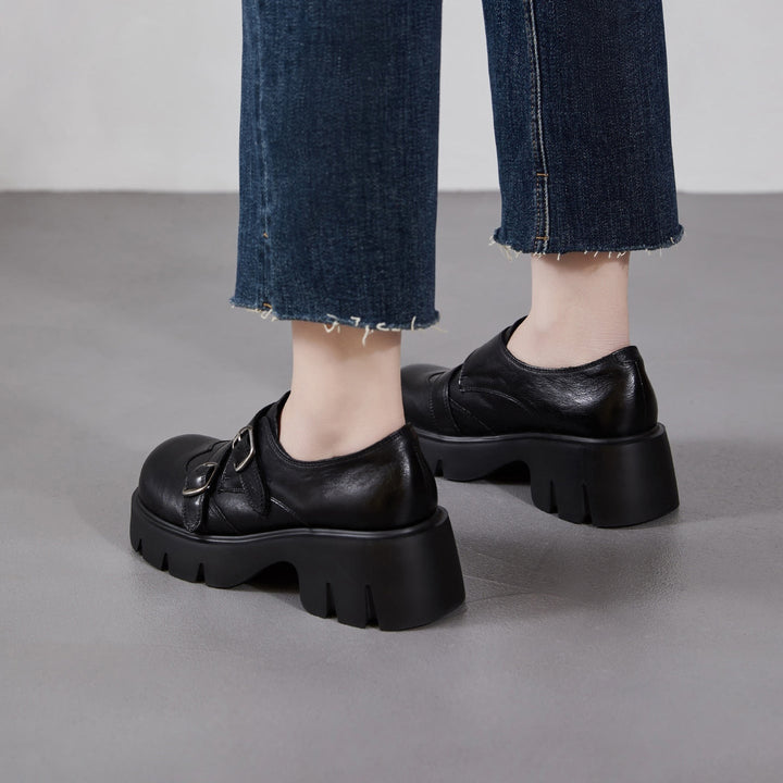 Women’s Retro Round Toe Derby Shoes – British Style Platform Loafers with Buckle