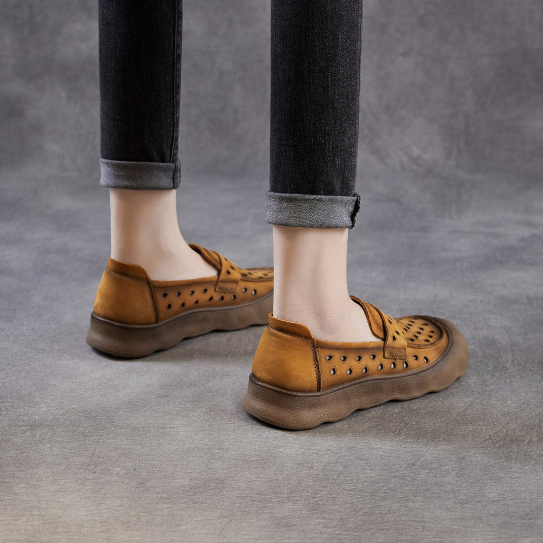 Women's Summer Leather Slip-on Flats — Cutout & Breathable Design