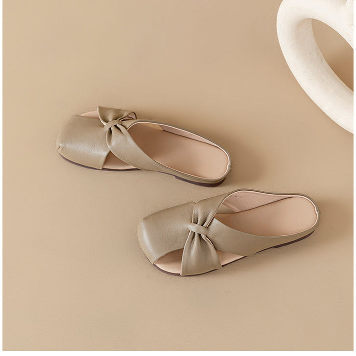 Women's Leather Mules - Closed Round Toe Flat Sandals Casual Slip-On Slides