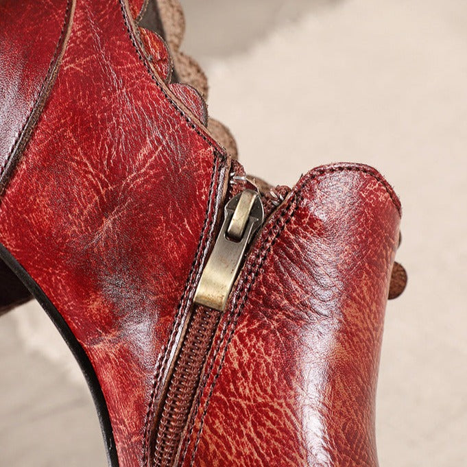 Womens Genuine Leather Heeled Boots Boho Vintage Shoes