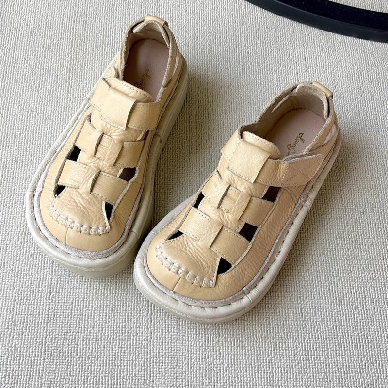 Women's Soft Leather Velcro Closed-Toe Chunky Platform Sandals – Ugly-Cute Style