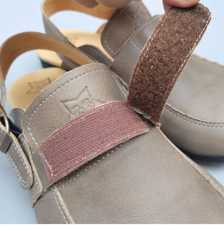 Women's Leather Sandals - Vintage Contrast Stitching Flexible Slip-On Mule Slides with Slingback Strap