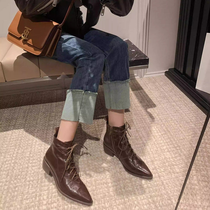 Women's Leather Lace-Up Ankle Boots – Pointed Toe & Block Heel