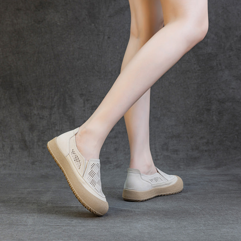 Womens Summer Perforated Leather Slip-on Loafers Breathable Platform Casual Walking Shoes