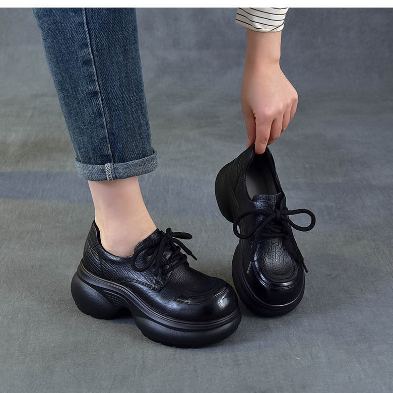 Women's Chunky Platform Oxford Shoes Top-Grain Leather Lace Up Wedge Loafers