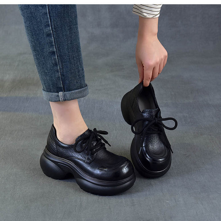 Women's Chunky Platform Oxford Shoes Top-Grain Leather Lace Up Wedge Loafers