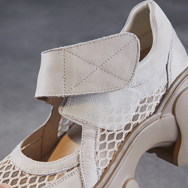 Women's Leather Platform Mary Janes - Mesh Hollow Out Breathable Closed Chunky Sole Sneakers with Velcro