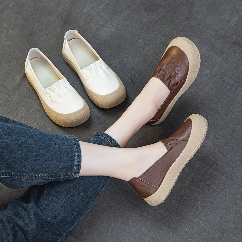 Womens Casual Leather Slip-on Loafers Closed Toe Platform Walking Shoes Anti-Collision
