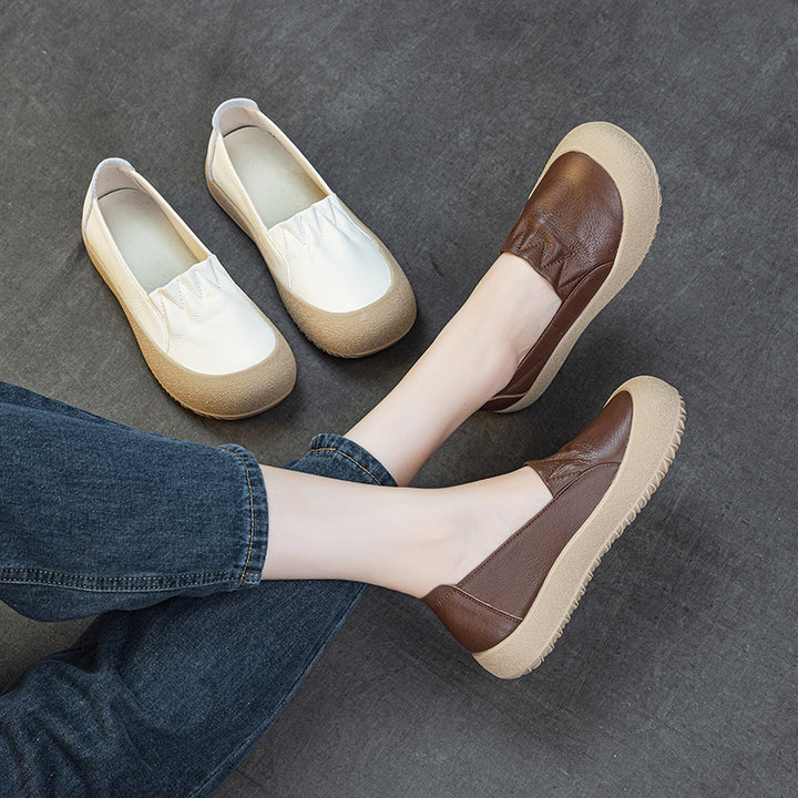 Womens Casual Leather Slip-on Loafers Closed Toe Platform Walking Shoes Anti-Collision