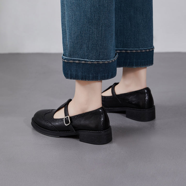 Women's Brogue T-Strap Mary Janes - Unlined Cowhide Leather - Block Heel