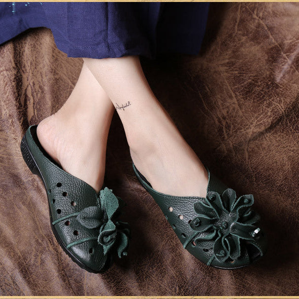 Women's Leather Mules - Retro Hollow Out Summer Sandals with Floral Detail, Slip-on Round Toe Flat Shoes