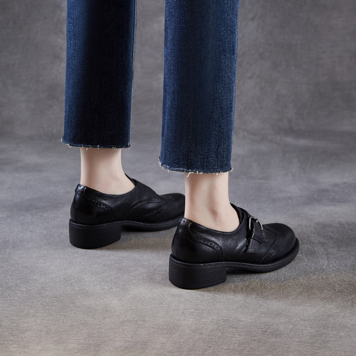 Women's Retro Leather Monk Strap Shoes Vintage Round Toe Brogue Chunky Heels