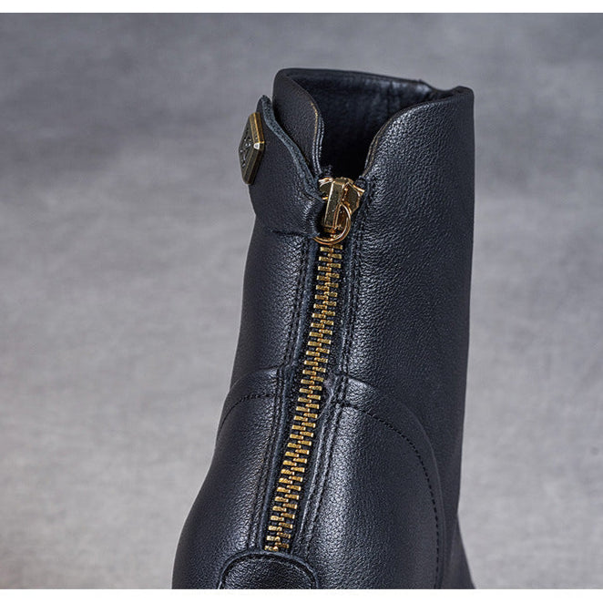 Women's Genuine Leather Short Boots – Minimalist Design with Zipper Closure