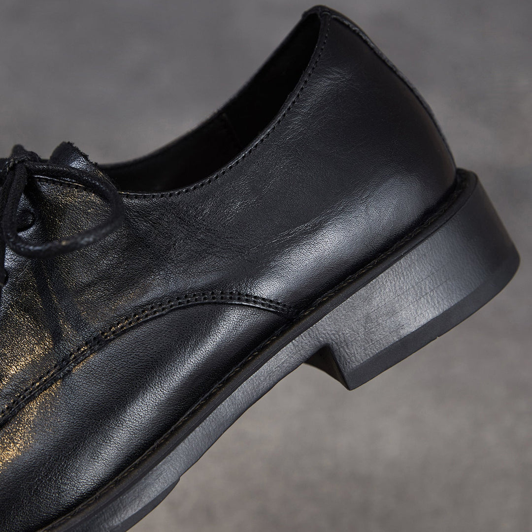 Women's Genuine Leather Oxford Shoes Retro Lace-up Round Toe Low Heel Derby Flats