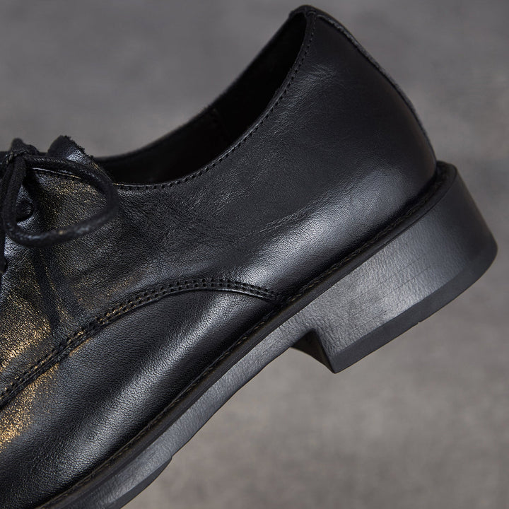 Women's Genuine Leather Oxford Shoes Retro Lace-up Round Toe Low Heel Derby Flats