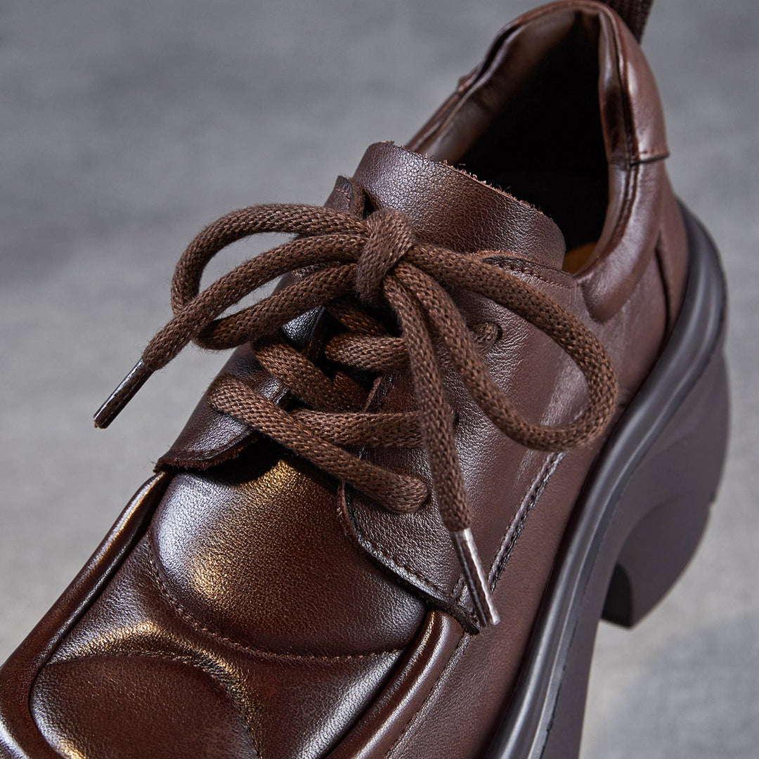 Women's Platform Genuine Leather Oxfords High Chunky Heel Lace Up Casual Shoes