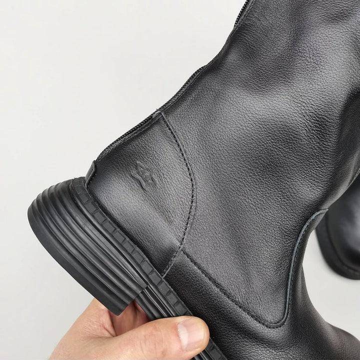 Wide-toe Box Handmade Genuine Leather Women's Mid Calf Boots Black Zipper