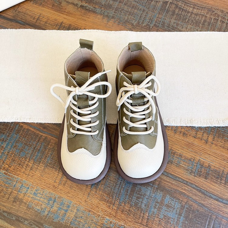 Women's Leather Lace-Up Ankle Shoes – Round Toe & Patchwork Design