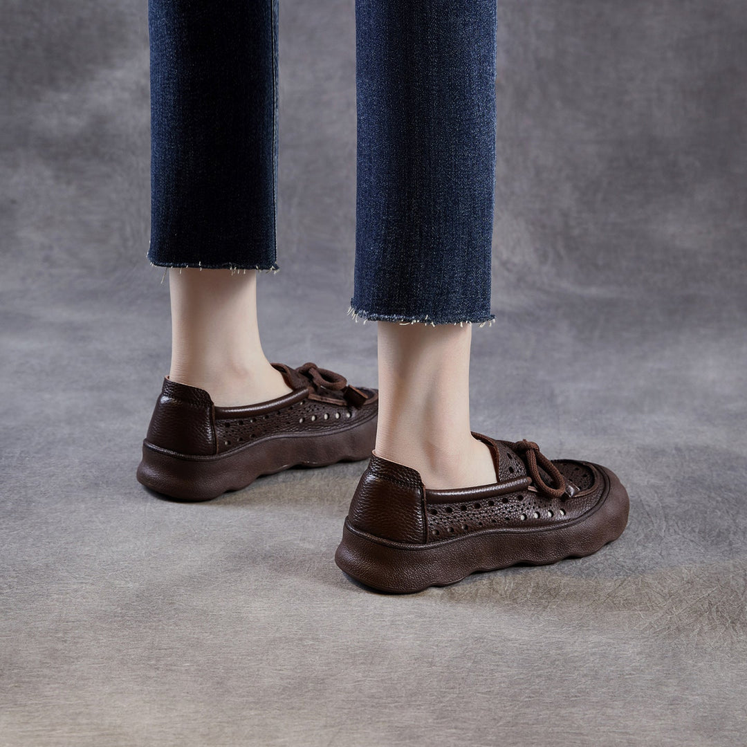 Women's Leather Slip-On Sandals — Thick Sole with Cutout Design, Breathable