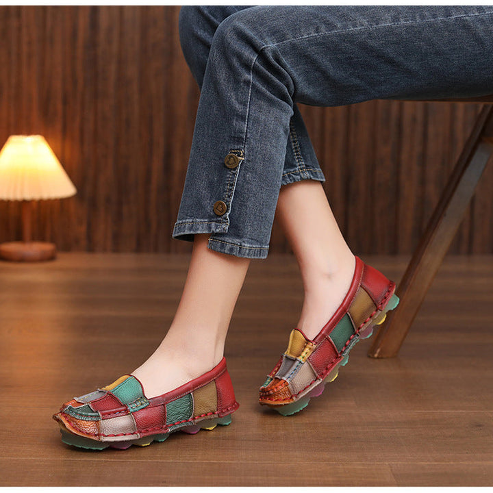 Women‘s Retro Cowhide Loafers Vintage Round Toe Patchwork Slip-on Driving Flats