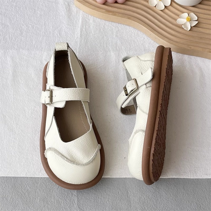 Women's Soft Leather Flat Mary Jane Shoes – Round Toe with Patchwork Design