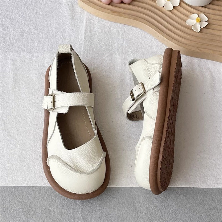 Women's Soft Leather Flat Mary Jane Shoes – Round Toe with Patchwork Design