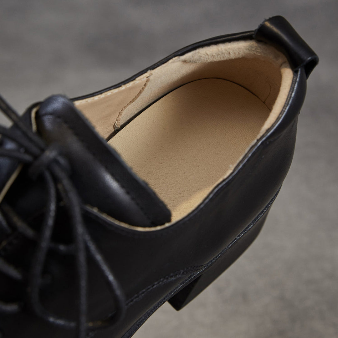 Women's Top-Grain Leather Oxford Shoes Chunky High Heel Lace Up Platform Pumps