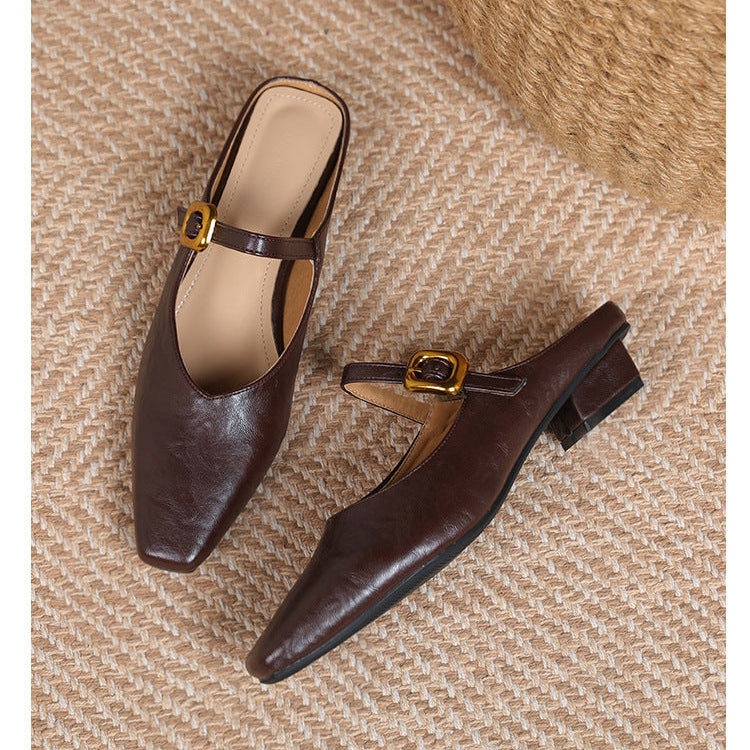 Women's Mary Jane Mules - Square Toe Gold Buckle Low Kitten Heel Slides
