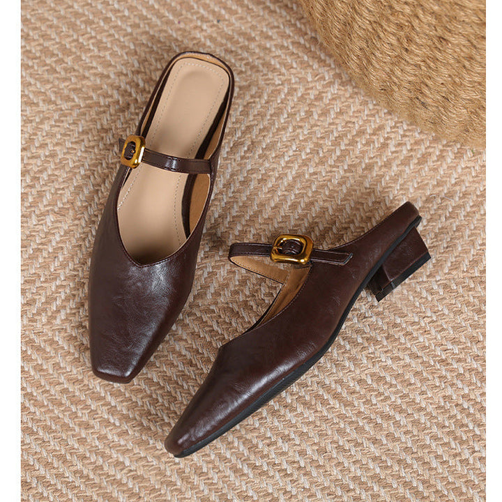 Women's Mary Jane Mules - Square Toe Gold Buckle Low Kitten Heel Slides