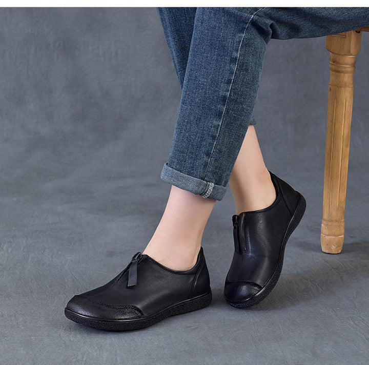 Women's Vintage Leather Slip-On Flats Front Zipper Soft Sole Driving Shoes