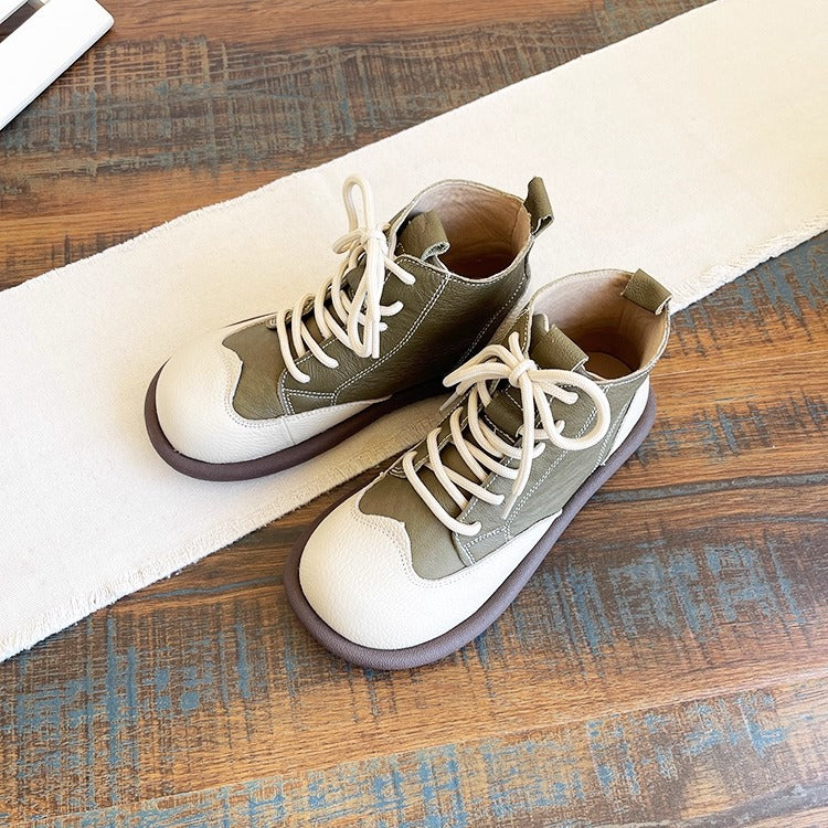 Women's Leather Lace-Up Ankle Shoes – Round Toe & Patchwork Design