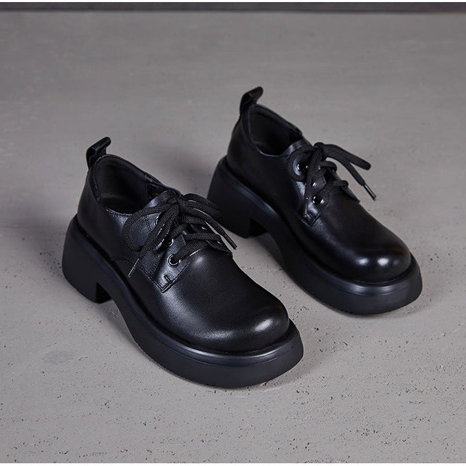 Women's Retro Leather Oxford Shoes Vintage Round Toe Platform Lace-up Chunky Heels