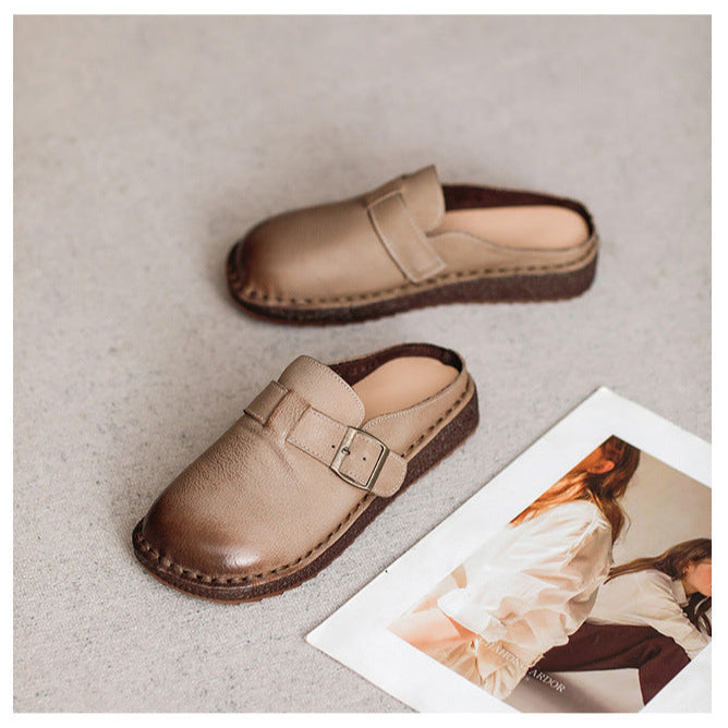 Wide Round Toe Leather Buckle With Decoration Flat Comfort Women's Mule Shoes