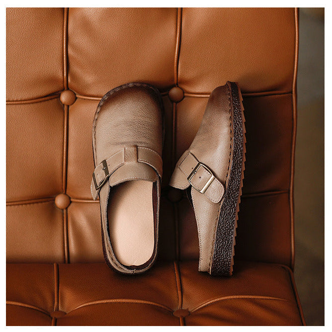Wide Round Toe Leather Buckle With Decoration Flat Comfort Women's Mule Shoes