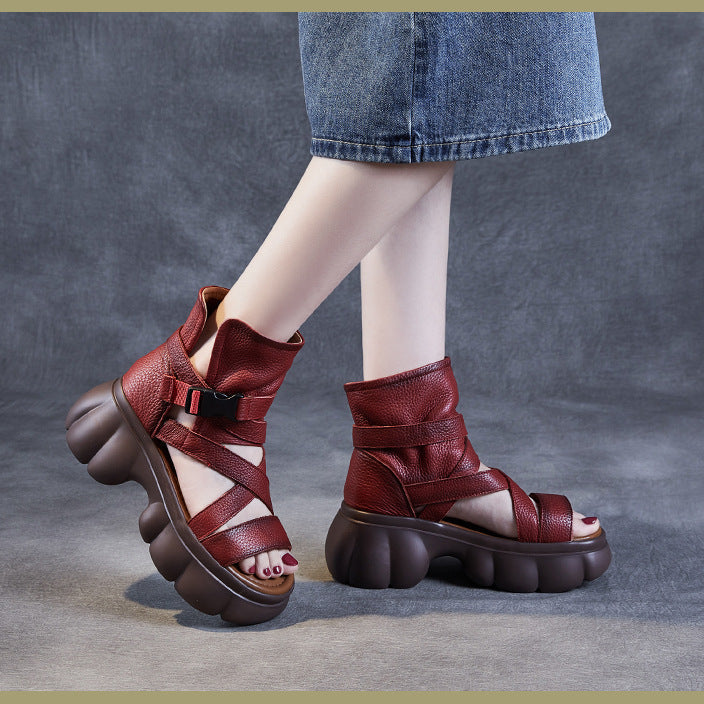 Women's Leather Sandals Boot - Platform Chunky High Heel Gladiator Booties, Elastic Strap Open Toe Summer Shoes