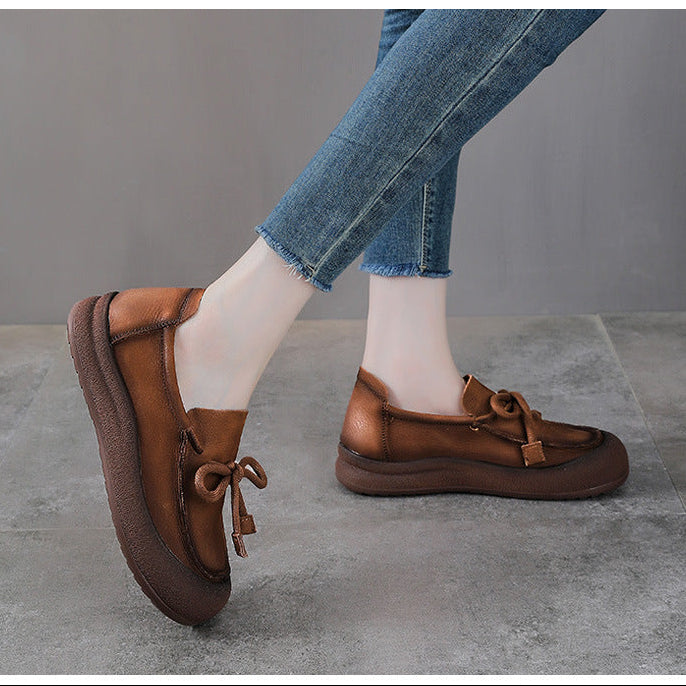 Women's Suede Leather Casual Loafers - Thick Platform Muffin Sole Comfort Walking Shoes with Bow Tie