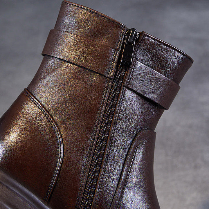 Women's Stylish Genuine Leather Platform Boots – Chunky Heel, Buckle & Side Zip