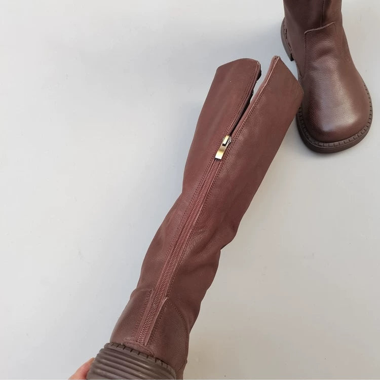 Women's Winter Fleece-lined Wide Toe Box Genuine Leather Knee High Boots British Style Riding Boots