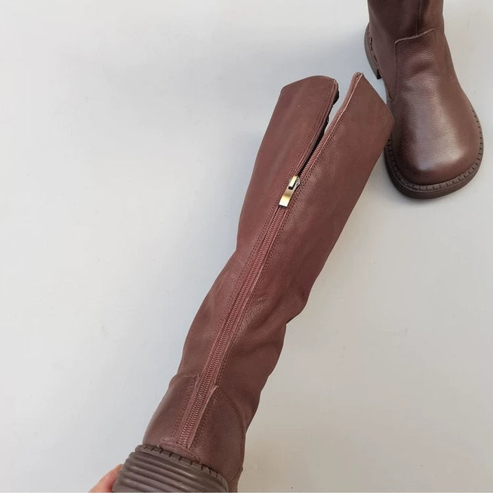 Women's Winter Fleece-lined Wide Toe Box Genuine Leather Knee High Boots British Style Riding Boots