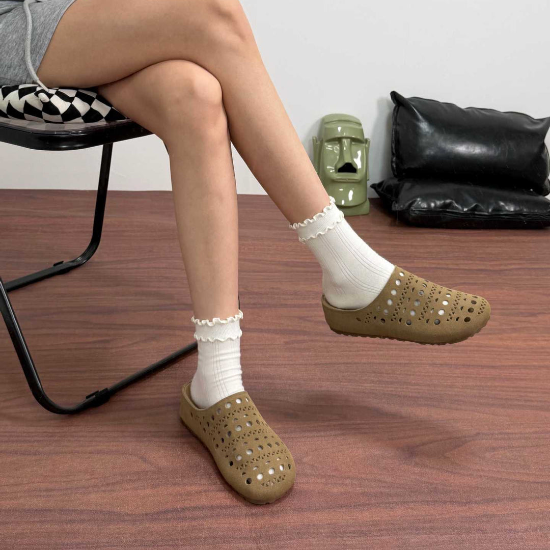 Women's Platform Leather Clogs Perforated Hollow-Out Mules Barefoot-Friendly Slippers