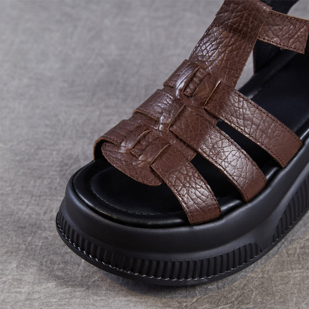 Women's Retro Leather Roman Sandals Vintage Round Toe Platform Chunky Platform Heels