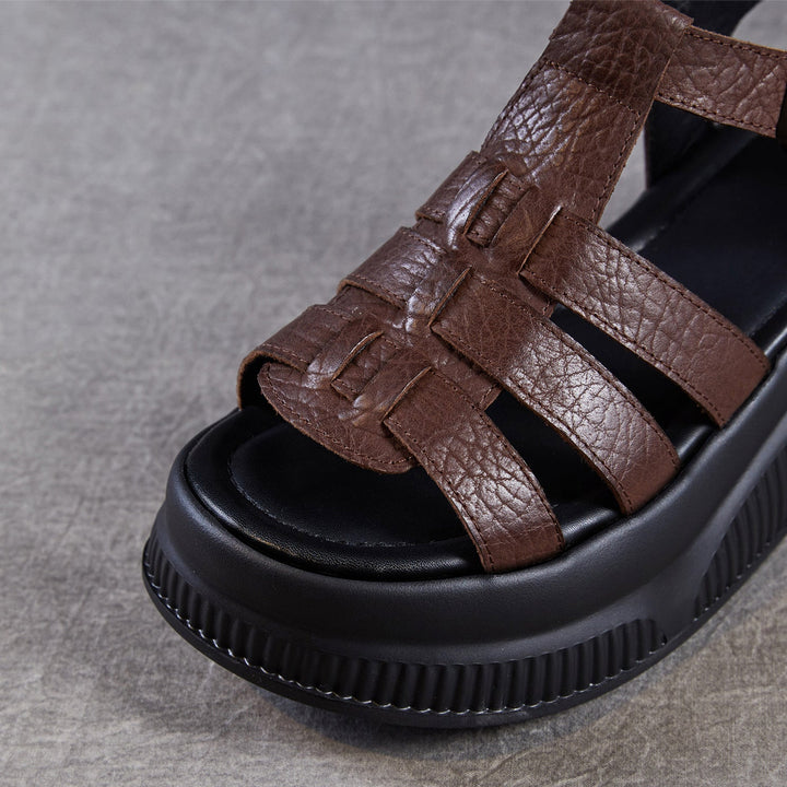 Women's Retro Leather Roman Sandals Vintage Round Toe Platform Chunky Platform Heels